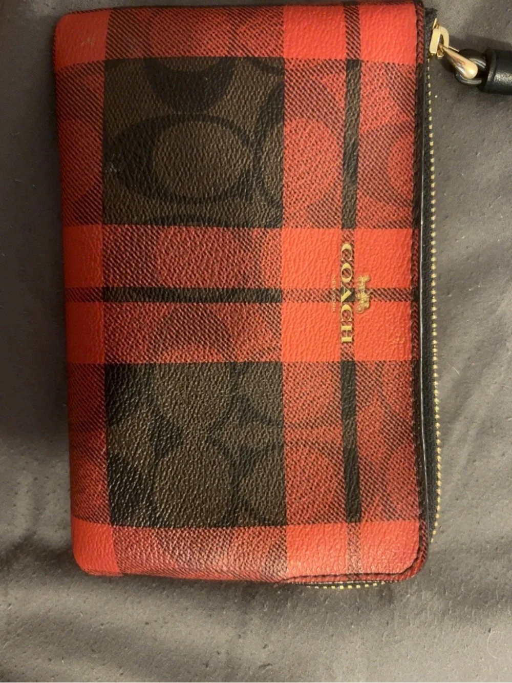 Coach Red and Black Plaid Zip-Around Wallet